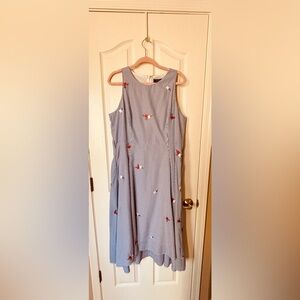 Tahari Blue & White Vertical Striped Sleeveless Dress with Floral Embroidery